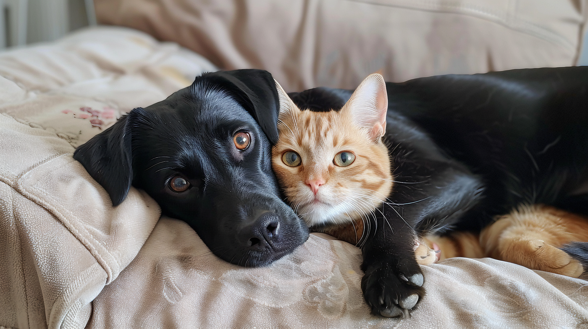 A black dog is hugging an orange cat on a couch.